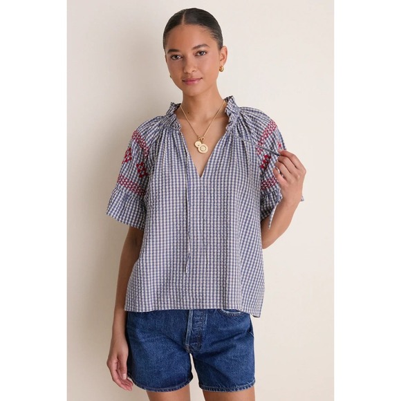 Tuckernuck Tops - Tuckernuck Beach Cassis Prism Embroidered Gingham Top Size L Navy Blue White Red